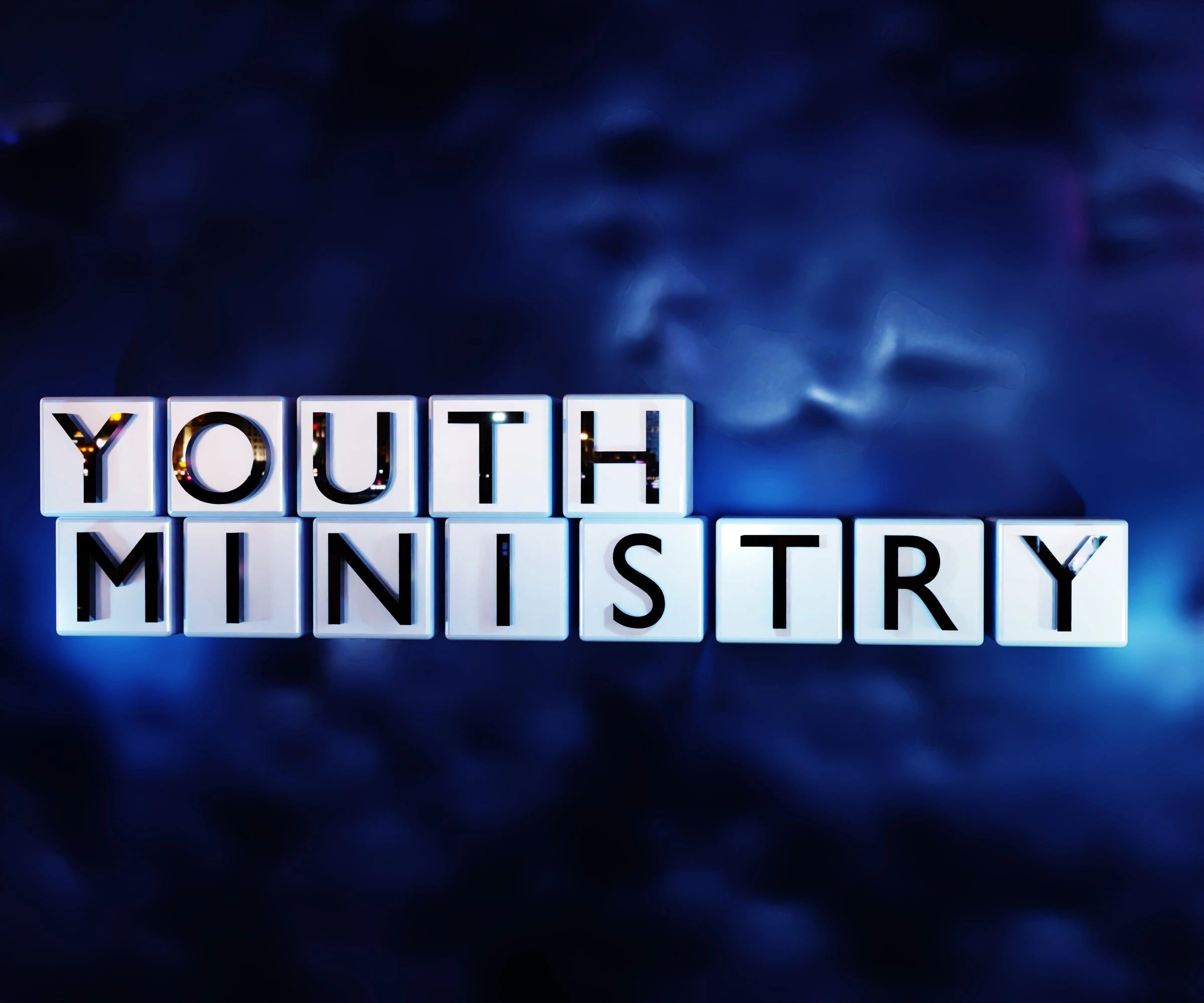 White letter tiles spelling "Youth Ministry" on a dark blue background.
