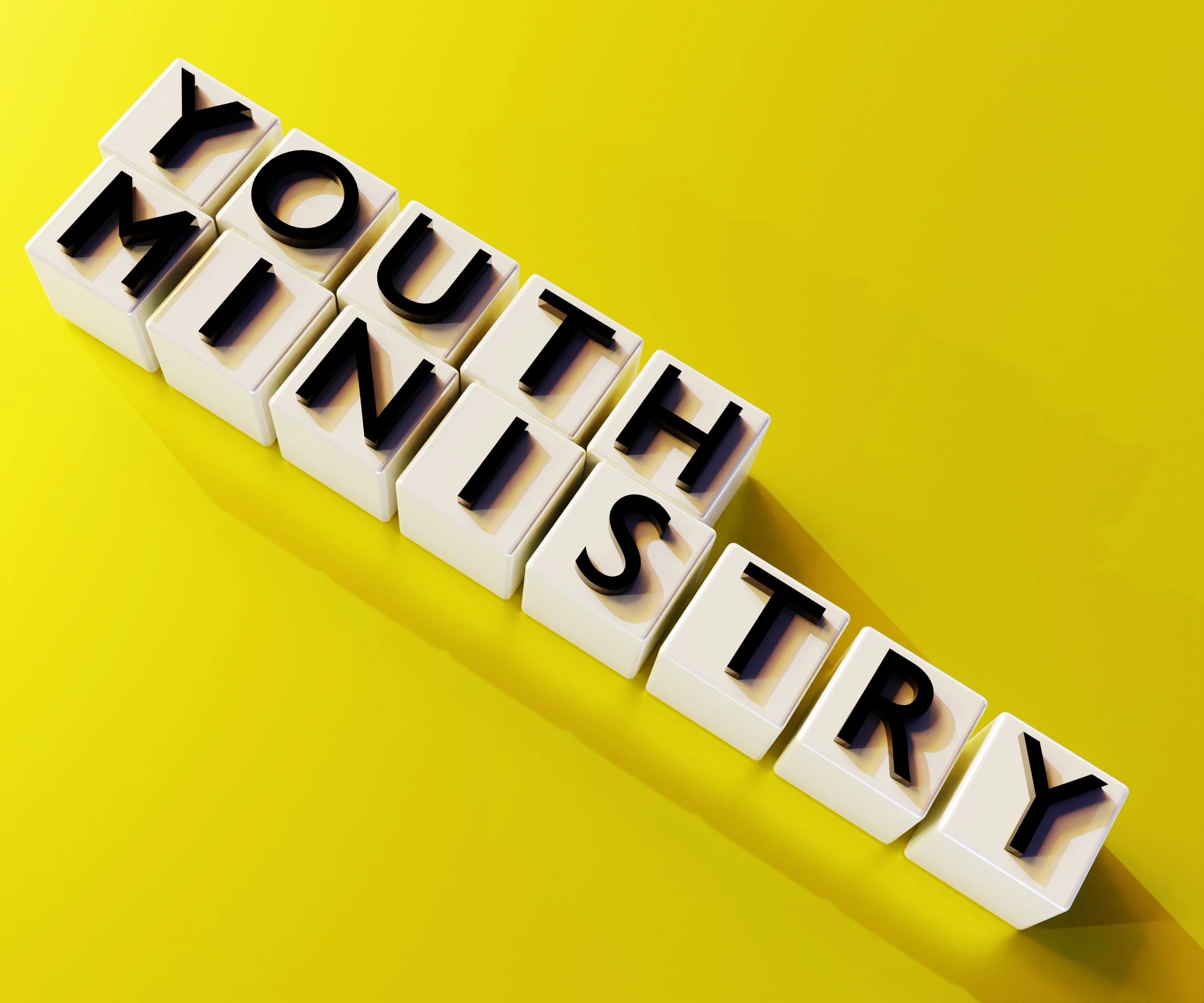 Letter blocks spelling 'YOUTH MINISTRY' on a yellow background.